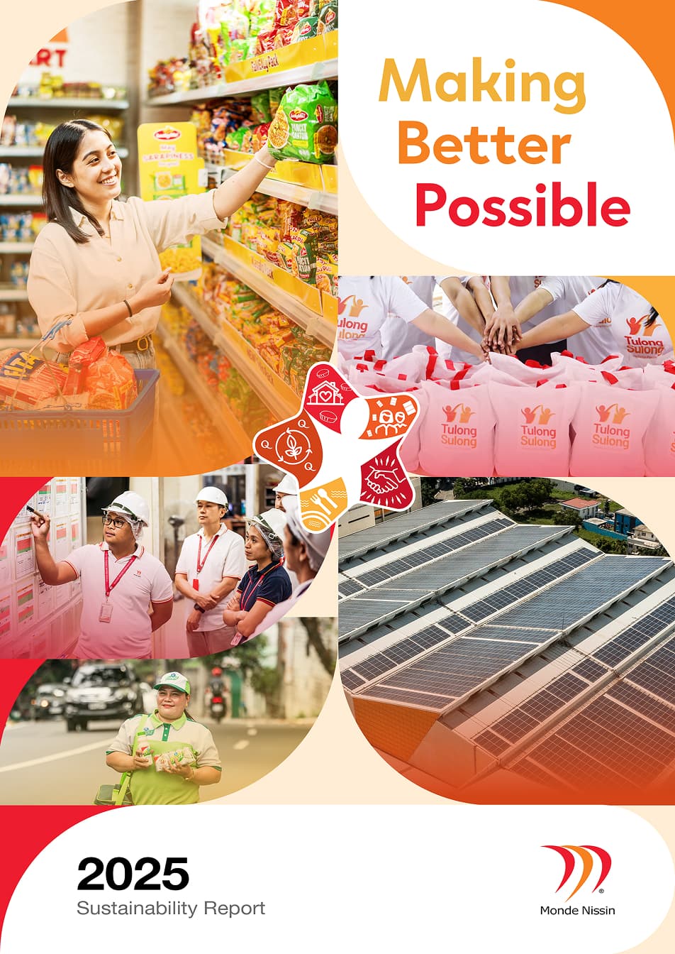 2025 Sustainability Report cover collage showing Monde Nissin's four pillars